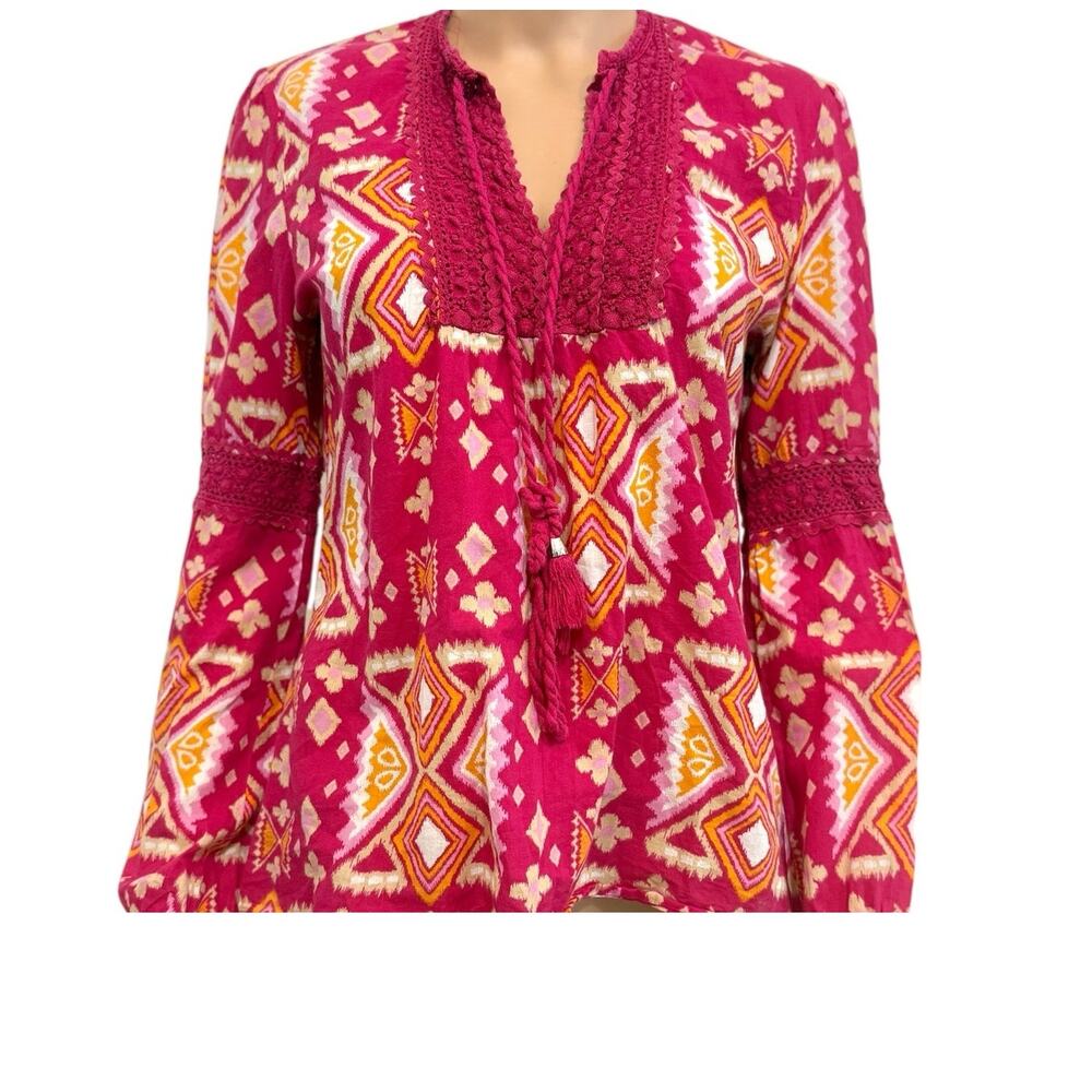 Tory Burch 8 cotton crochet trim geometric print tassel front tie top TLS1 3125